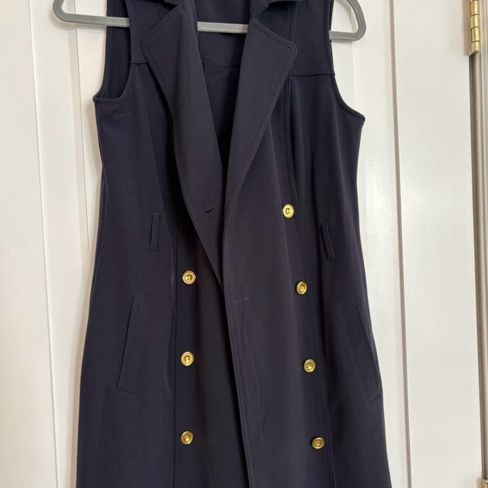Sharagano Navy Sleeveless Dress with Gold Buttons
